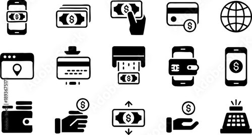 Finance and banking icons set with mobile payments, wallet, cards, money transfer and transactions