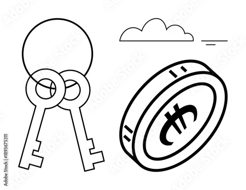 Cryptocurrency concept. Minimal design with coin and keys cryptocurrency security, blockchain, and digital assets. Perfect for fintech, finance, blockchain technology, secure transactions, and online