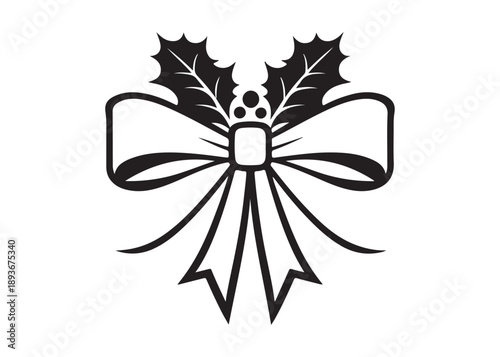 bow and holly leaf logo silhouette vector, christmas holly leaves logo silhouette illustration, festive bow with holly leaf logo silhouettes vector on a white background