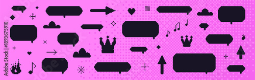 Pixel dialogue boxes silhouette blank. 8 bit y2k speech bubbles set. Game pixel art chat text boxes with crown, music note, arrows. Vector talk frames balloons messages set isolated on dither halftone