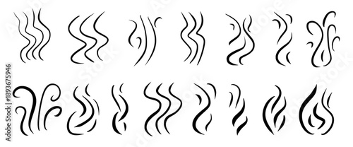 Hot steam rising from coffee icons set. Aroma waves and smoke lines minimalist. Uneven element for food and beverage branding concepts. Vector food smell set isolated isolated on white bg.