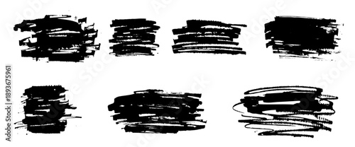 Abstract grunge text box texture with rough brush effects. Black emphasis background graphic spots. Ink splatters, distressed elements ideal for callout banners, posters. Vector strikethrough shapes.