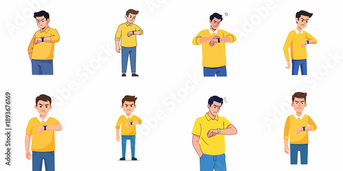 Collection of frustrated and angry young men checking their wristwatches, demonstrating impatience, delay, or being late for an appointment.