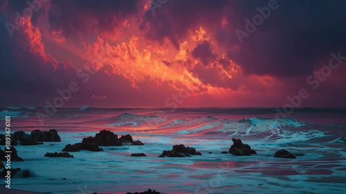 Vibrant clouds illuminate the evening sky, casting a fiery glow over a dynamic coastal scene. waves crash against rugged rocks, blending fierce blues and warm sunset hues, creating a dramatic and sere