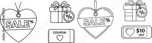 Collection of heart-shaped sale tags, gift boxes, and coupons with percentage symbols for retail promotions and discounts