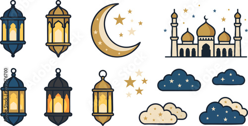 Ramadan Kareem icon set Islamic Eid Festival Celebration with Mosques and Lanterns