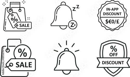 Essential vector line icons for e-commerce, mobile applications, and digital marketing, featuring sales, discounts, promotional offers, and notification alerts