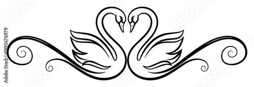 Stylized illustration of two swans forming a heart shape with elegant swirls
