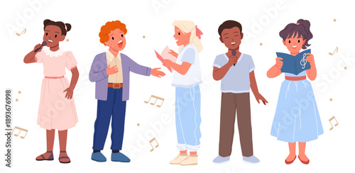 Children singing song together in choir set. Diverse vocal group of cute girls and boys holding microphone and notebook, female and male little singers sing to music cartoon.
