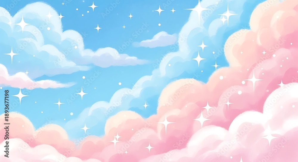Fototapeta premium Dreamy pastel clouds with twinkling stars in a sky