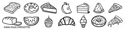 Collection of hand drawn food sketches including pizza donuts and desserts