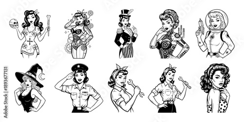 Collection of vintage pin up girls in various costumes and professions