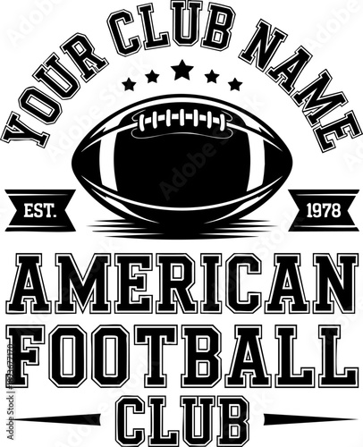 American football club emblem logo with ball and customizable team text design for sports branding