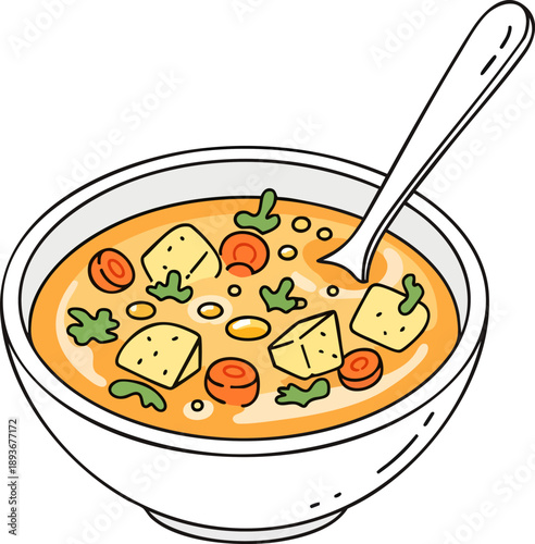 Hearty Vegetable Soup with Tofu Cubes and Carrots in a Bowl with Spoon
