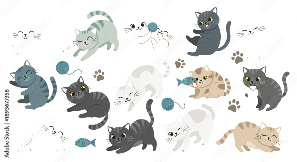 Fototapeta premium Playful cute cats cartoon set with yarn balls, fish toys and paw prints, colorful kitten vector illustration collection