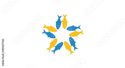 A group of blue and yellow fish swimming in a circular formation.
