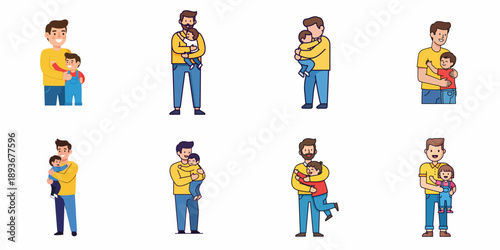Happy Fathers Day icon set: diverse dads embracing and carrying their toddlers, symbolizing paternal love and family bond in vector style.