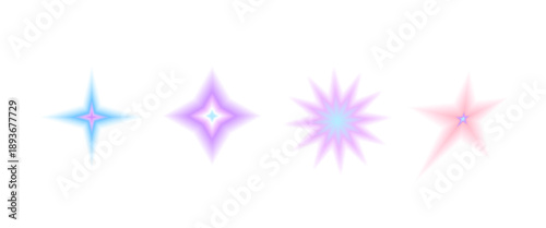 Stars gradient y2k icon figures. Blur aura gradation sparks shapes. Blinks pastel colors transparent forms. Vector blend smooth dissolved starburst elements collection isolated.