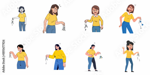 Frustrated women cartoon set dropping or losing house and car keys, expressing anger, stress, and annoyance over key mishaps.