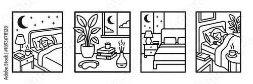 Sleep Hygiene and Bedroom Relaxation Line Art Vector Set