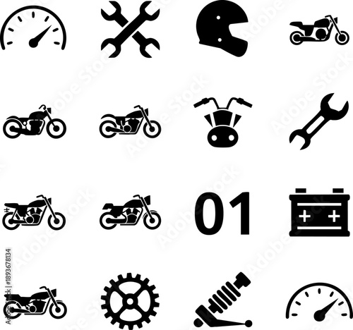 Motorcycle and Mechanic Icon Set – Bike Parts, Helmet, Tools, Battery, and Speedometer Vector EPS