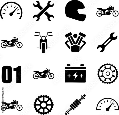 Motorcycle and Mechanic Icon Set – Bike Parts, Helmet, Tools, Battery, and Speedometer Vector EPS