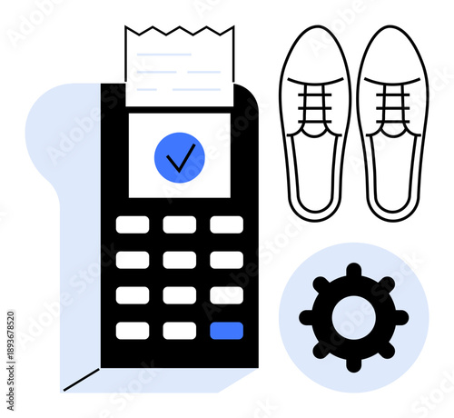 Retail payment concept. Payment terminal processes transactions in retail settings. Simplifies purchases of goods such as shoes. Ideal for shopping systems, finance, and sales