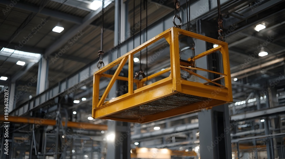 Fototapeta premium Yellow industrial work platform suspended high in a modern factory