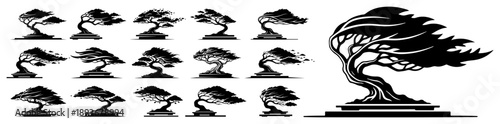 Set of stylized japanese bonsai tree silhouettes in various shapes and windswept forms