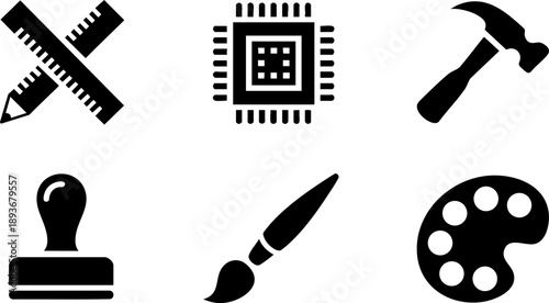 Design and Art Tool Icon Set – Pencil, Paintbrush, Palette, Hammer, Ruler, and Chip Vector EPS