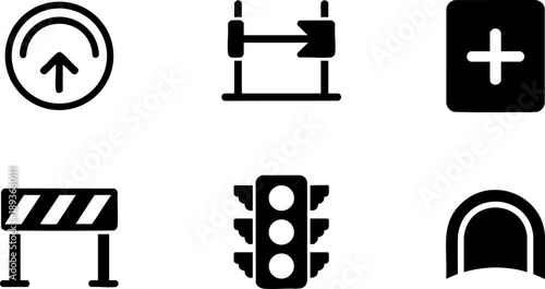 Road and Traffic Safety Icon Set – Signs, Signals, Barriers, Tunnel, and First Aid Vector EPS