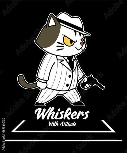 Whiskers With Attitude Cat Mobster Mascot, Cartoon Kitten Gangster in Pinstripe Suit with Gun