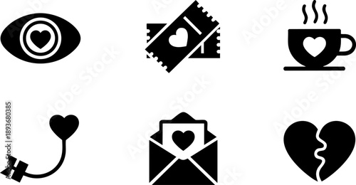 Love and Romance Icon Set – Heart, Eye, Letter, Cup, Ticket, and Arrow Symbol Vector EPS Design