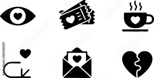 Love and Romance Icon Set – Heart, Eye, Letter, Cup, Ticket, and Arrow Symbol Vector EPS Design