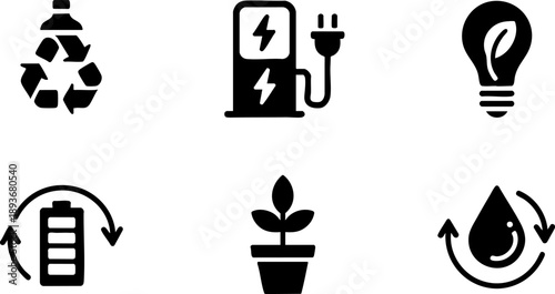 Green Energy Icon Set – Renewable Power, Recycling, Light Bulb, and Eco Plant Vector EPS Design