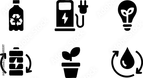 Green Energy Icon Set – Renewable Power, Recycling, Light Bulb, and Eco Plant Vector EPS Design