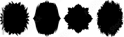 Set of four black grunge ink splatter shapes and blot stains on white background