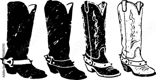 Western cowboy boots silhouette in solid black and outline illustration with details