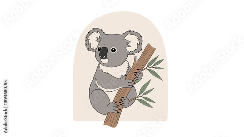 Cute grey koala bear clinging to a brown eucalyptus tree branch with green leaves against a soft beige arch background shape.