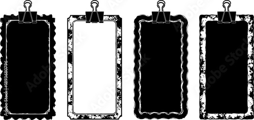 Set of four vertical black and white grunge frames with clips, decorative distressed borders on transparent background