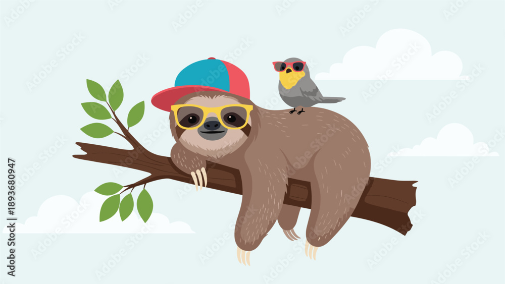 Fototapeta premium Lazy brown sloth wearing a colorful cap and yellow sunglasses resting on a tree branch with a small bird on its back.