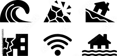 Natural Disaster Icon Set – Earthquake, Flood, Tsunami, Landslide, and Emergency Signal Vector EPS