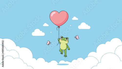Happy little green frog floating high in a blue sky while holding onto a large pink heart-shaped balloon with butterflies.