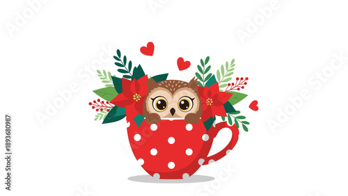 Cute little owl peeking out from a red polka dot teacup decorated with festive poinsettia flowers and bright green leaves.