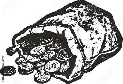 Vintage coin purse spilling metal currency coins with dollar signs, old fashioned money container