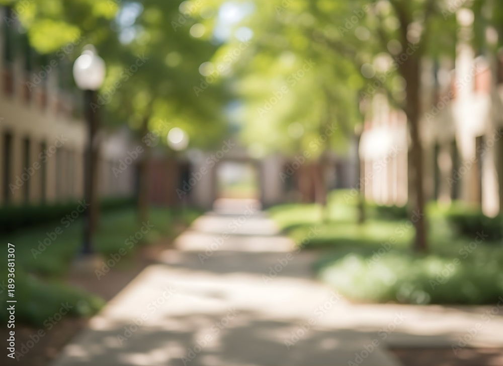 Obraz premium Blurred image of a pathway in a park with trees and buildings