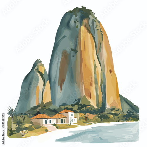 Guatape and El Penol Rock. Guatape and El Penol Rock hand drawn watercolor illustration