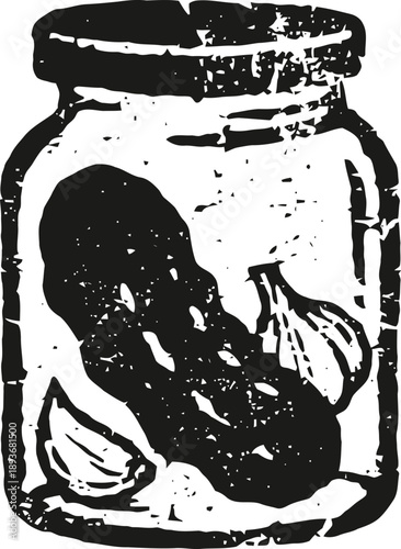 vintage illustration of pickles and garlic cloves inside a glass jar