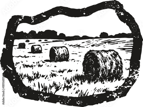 hay bales scattered across an open farm field with distant trees under an expansive sky