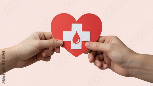 Two hands hold a red heart symbol with a blood drop icon representing blood donation